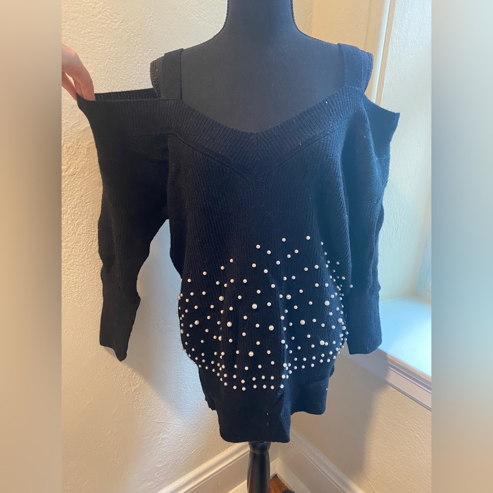 Black Cold Shoulder Sweater with pearls